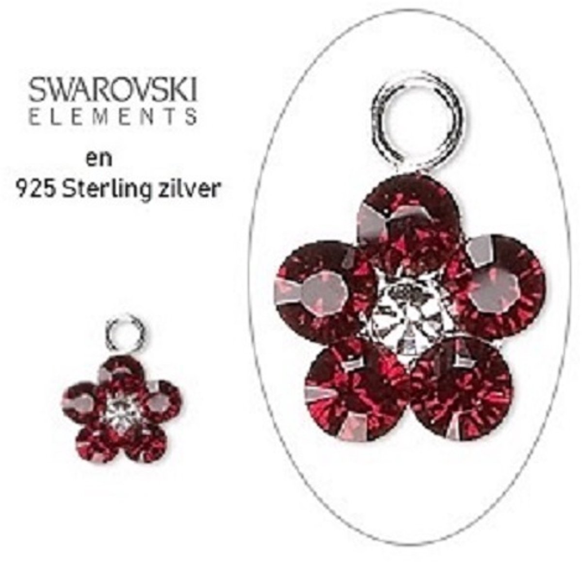 Sterling zilveren Swarovski bedeltjes, bloemetjes 8mm, met Siam en Clear Swarovski kristal. Per 2 stuks