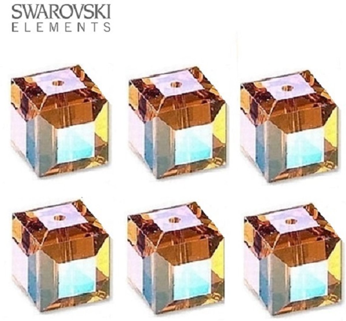 Swarovski kristal, kubus kralen van 10x10mm in de kleur Topaz AB. Verkocht per 6 stuks