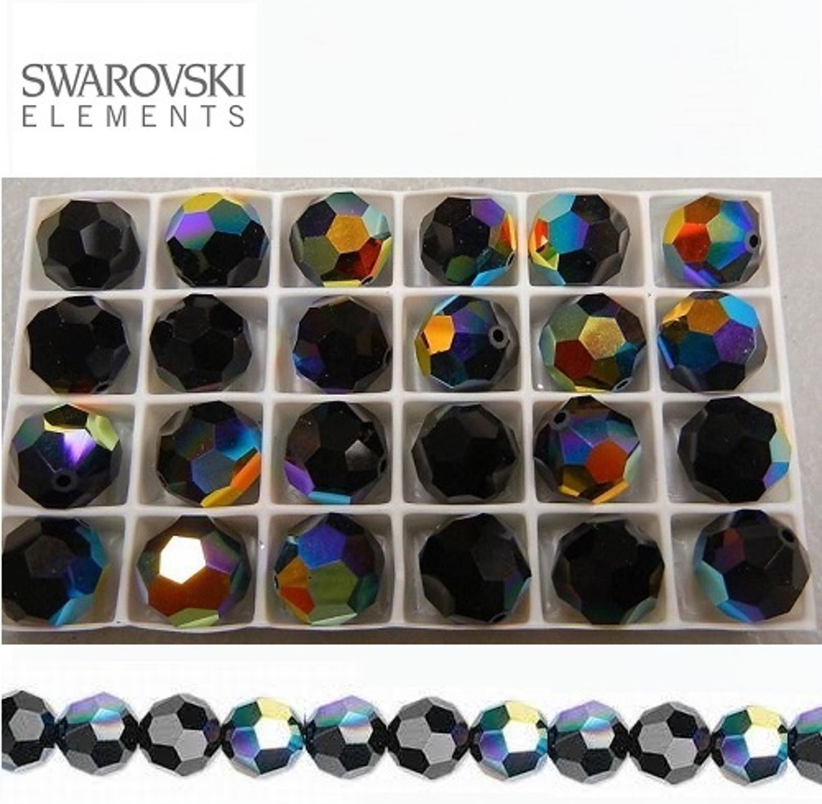 Swarovski kristal, ronde facetkralen (5000) van 10mm in de kleur Jet AB. Verkocht per 12 stuks