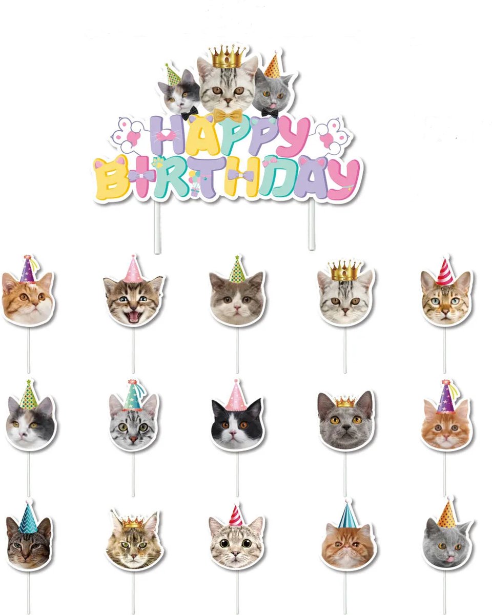 16-delige set Happy Birthday Cats met 1 taart topper en 15 cupcake prikkers - poes - taart - cupcake - kat - verjaardag - happy birthday
