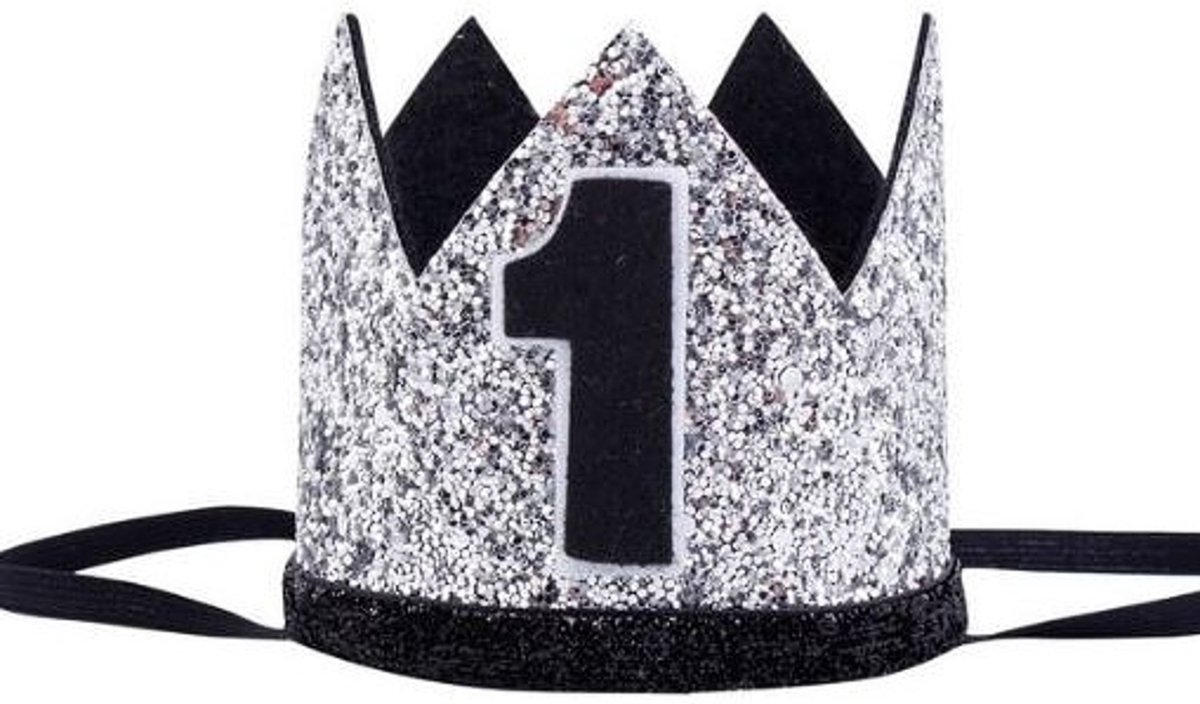 1e verjaardag cakesmash glitter hoedje zilver met zwart - cakesmash - eerste - 1 - verjaardag - hoed - birthday