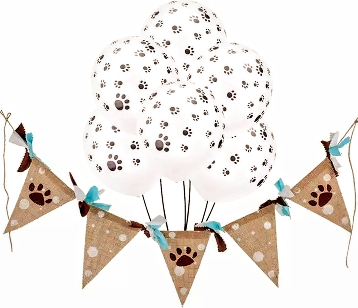 7-delige honden decoratie set met jute slinger blauw en 7 ballonnen - hond - slinger - decoratie - jute - ballon - huisdier - verjaardag