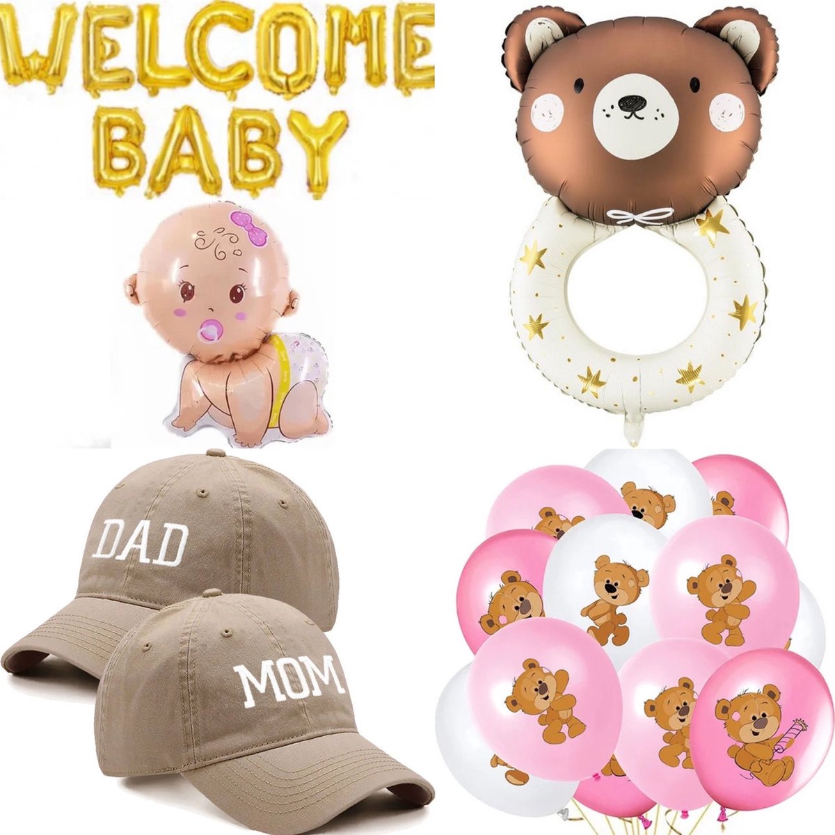 Babyshower set Welcome baby Girl XL met 2 caps en diverse ballonnen - cap - mom - dad - beer - bear - baollon - slinger - babyshower - welcome - genderreveal - geboorte