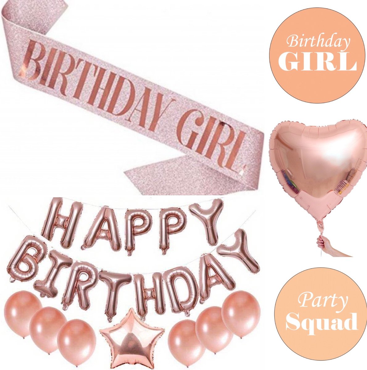 Birthday Girl set rosé goud 19-delig met sjerp, diverse ballonnen en 9 buttons - verjaardag - rose goud - birthday girl - decoratie - sjerp