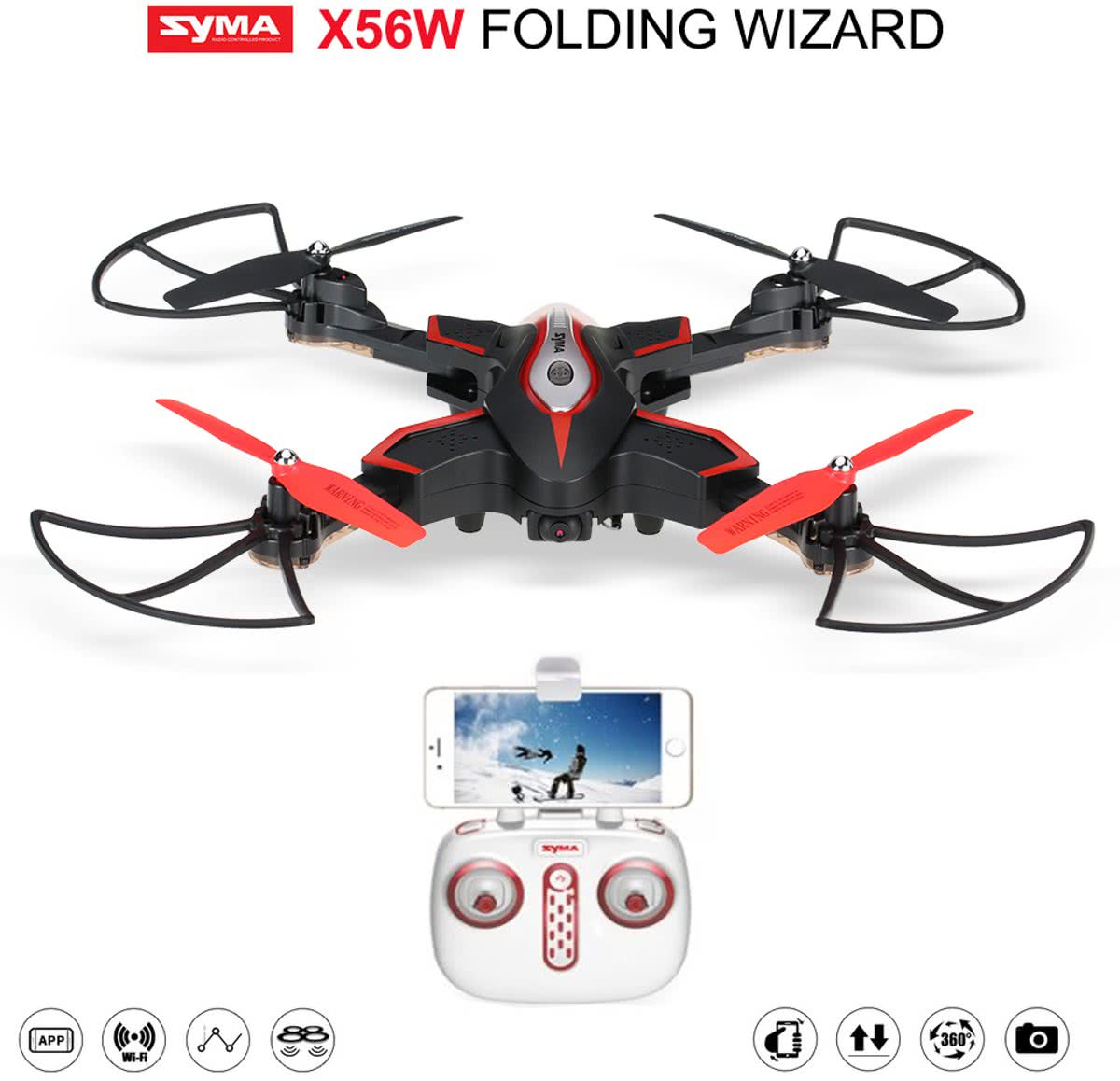 Syma X56W Folding Wizard Drone (opvouwbaar) met HD FPV live camera quadcopter -zwart