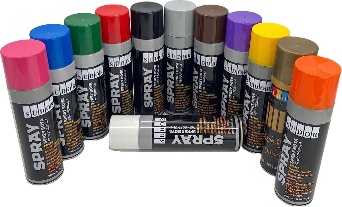 Spuitverf set 12 kleuren , 12x200 ml Sneldrogende graffiti verf spuitbus verf voor hout steen muur metaal glas. Zwart Wit Blauw Groen Rood Geel Paars Oranje Roze Bruin Grijs Goud