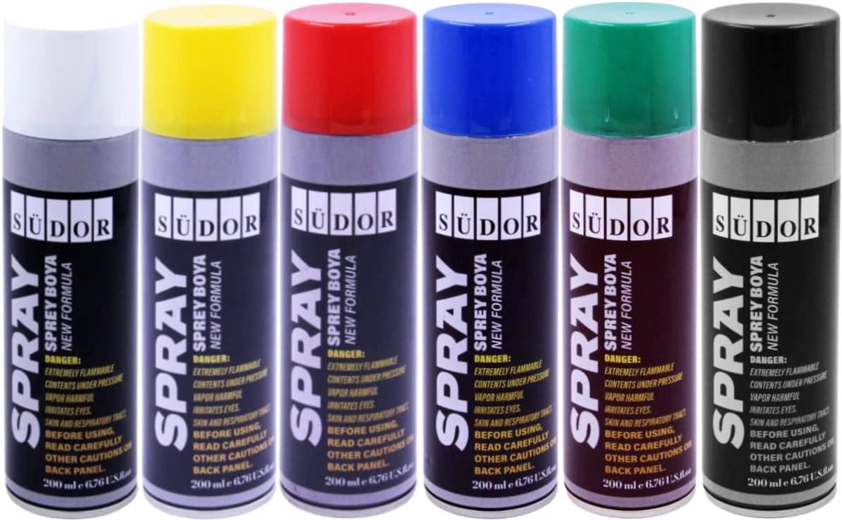 Spuitverfset 6 kleuren à 200 ml Sneldrogende graffitiverf. spuitbus spuitbus. Primaire kleuren Zwart Wit Blauw Groen Rood Geel. Spuitverven voor hout, steen, muur, metaal, glas, gips, keramiek