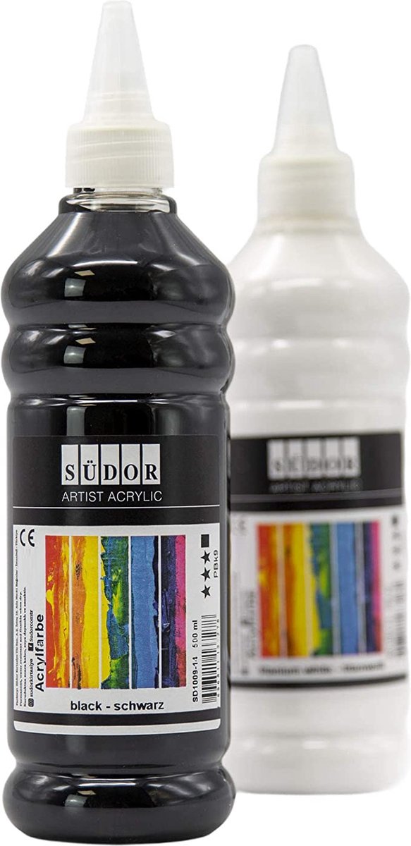 Südor Acrylverf set , 500 + 500 ml, totaal 1000 ml Hoog gepigmenteerde en dekkende acrylverf, industriële Kunstenaarsverven, acrylverfset voor Schilden en Knutselen , art. Waterdicht (zwart, wit)