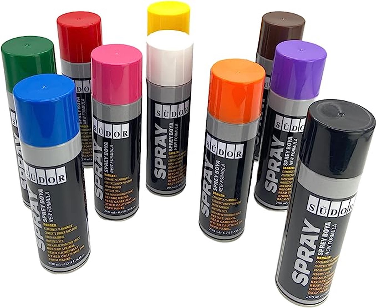 Südor Spuitverf , Spray Paint Set 10 Kleuren 12x 200ml Sneldrogend Graffiti Paint Spray Can Spray Paint voor Hout Steen Muur Metaal Glas Zwart Wit Blauw Groen Rood Geel Paars Oranje Roze Bruin