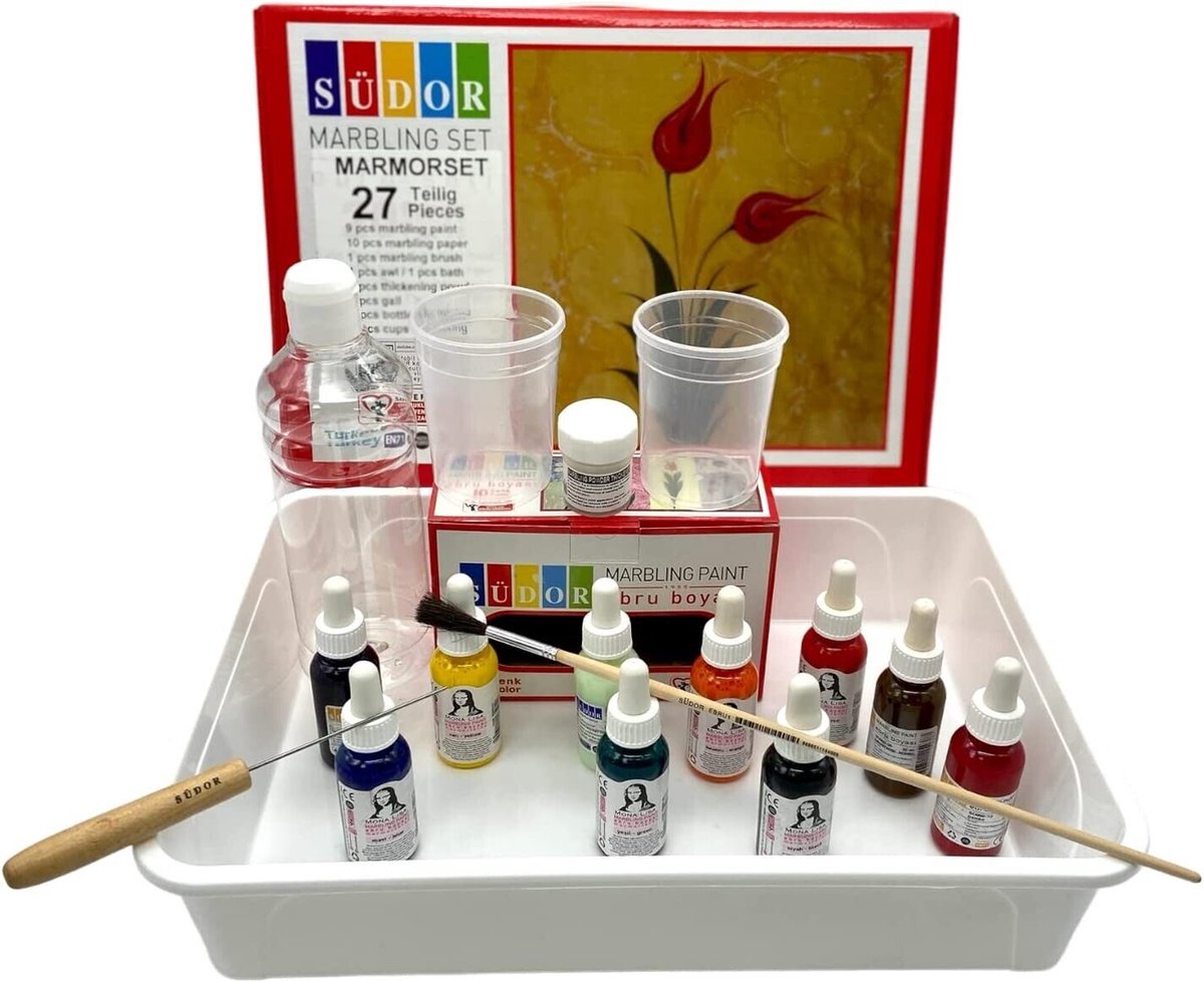 SÜDOR EBRU PAINTING 27-delige marmerkit voor beginners en professionals. Marmer set. 9 kleuren