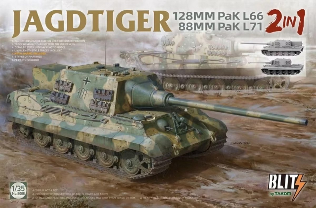 1:35 Takom 8008 Jagdtiger 128 mm Pak L66 & 88mm Pak L71 - 2 in 1 Plastic kit