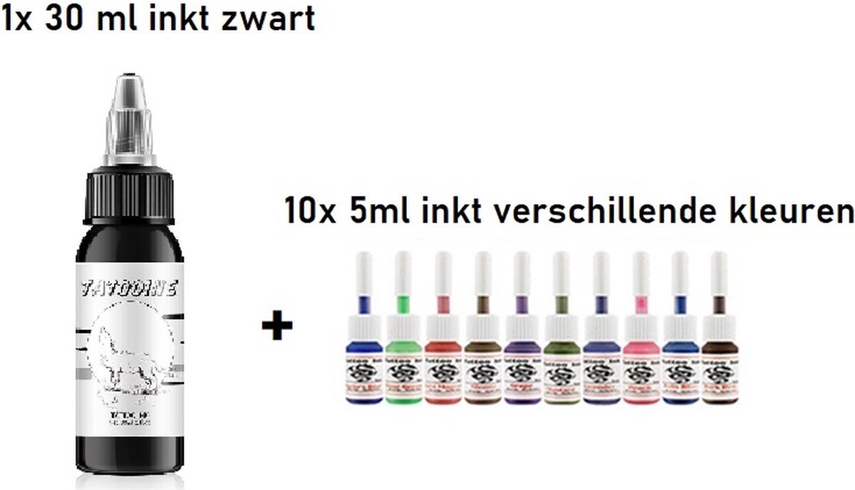 1x 30ml tattoo inkt zwart + 10 kleuren tattoo inkt, voordeelflesjes van 5ml tatoeage inkt voor tattoo machines en tick and poke