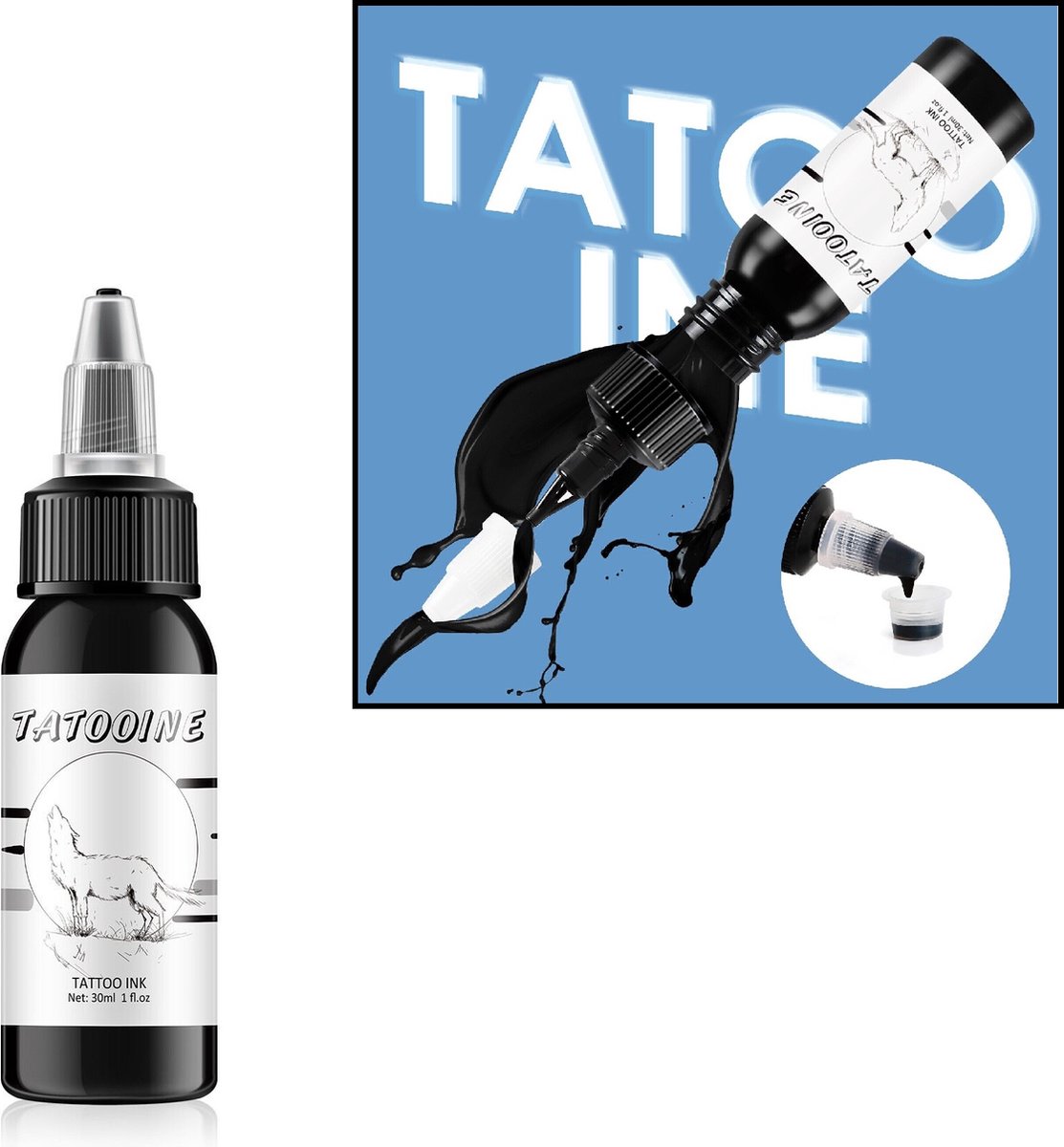 Tattoo inkt puur zwart 30ml. Zwarte tatoeage inkt in 30 ml fles met handige afsluitdop