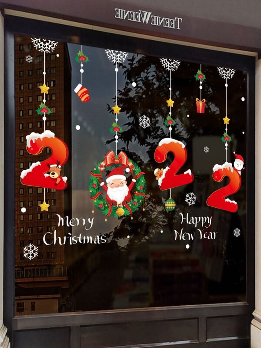 Raamsticker - raamdecoratie - feestdagen - sticker - kerstmis - Merry Christmas - 2022 - Happy New year - nieuwjaar - sneeuwvlokken - kerstman