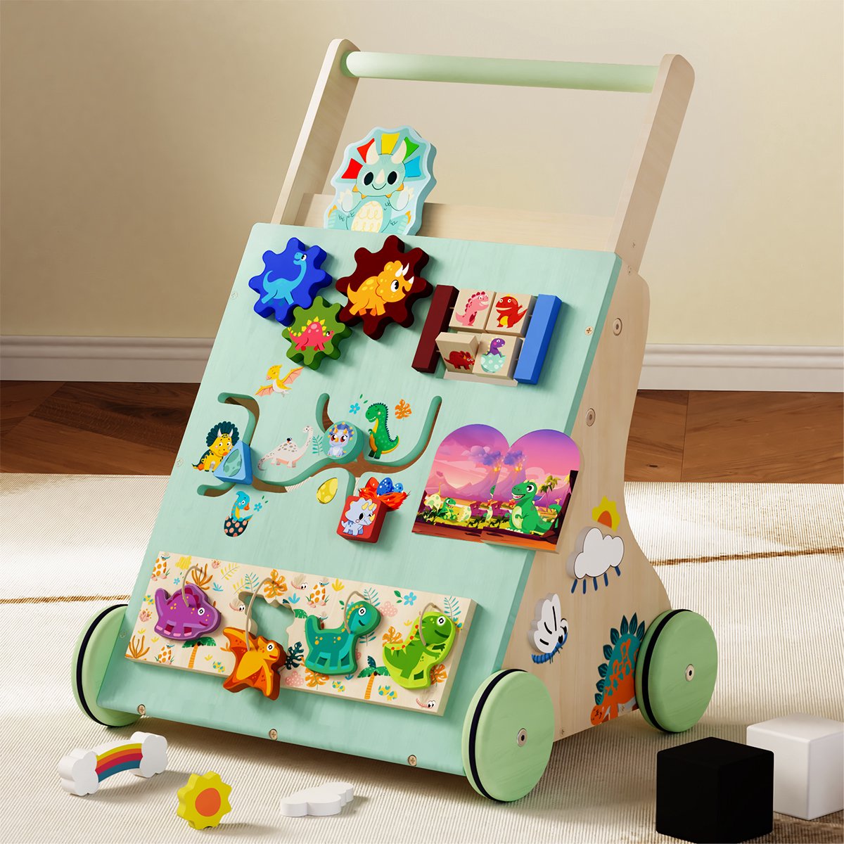   Houten Baby Walker - Dinosaurus Peuter Babywalker - Montessori Educatieve Centrum Loopstoel - Ontwikkelt motorische Loopwagen Baby Zit-sta Speelgoed 1 jaar