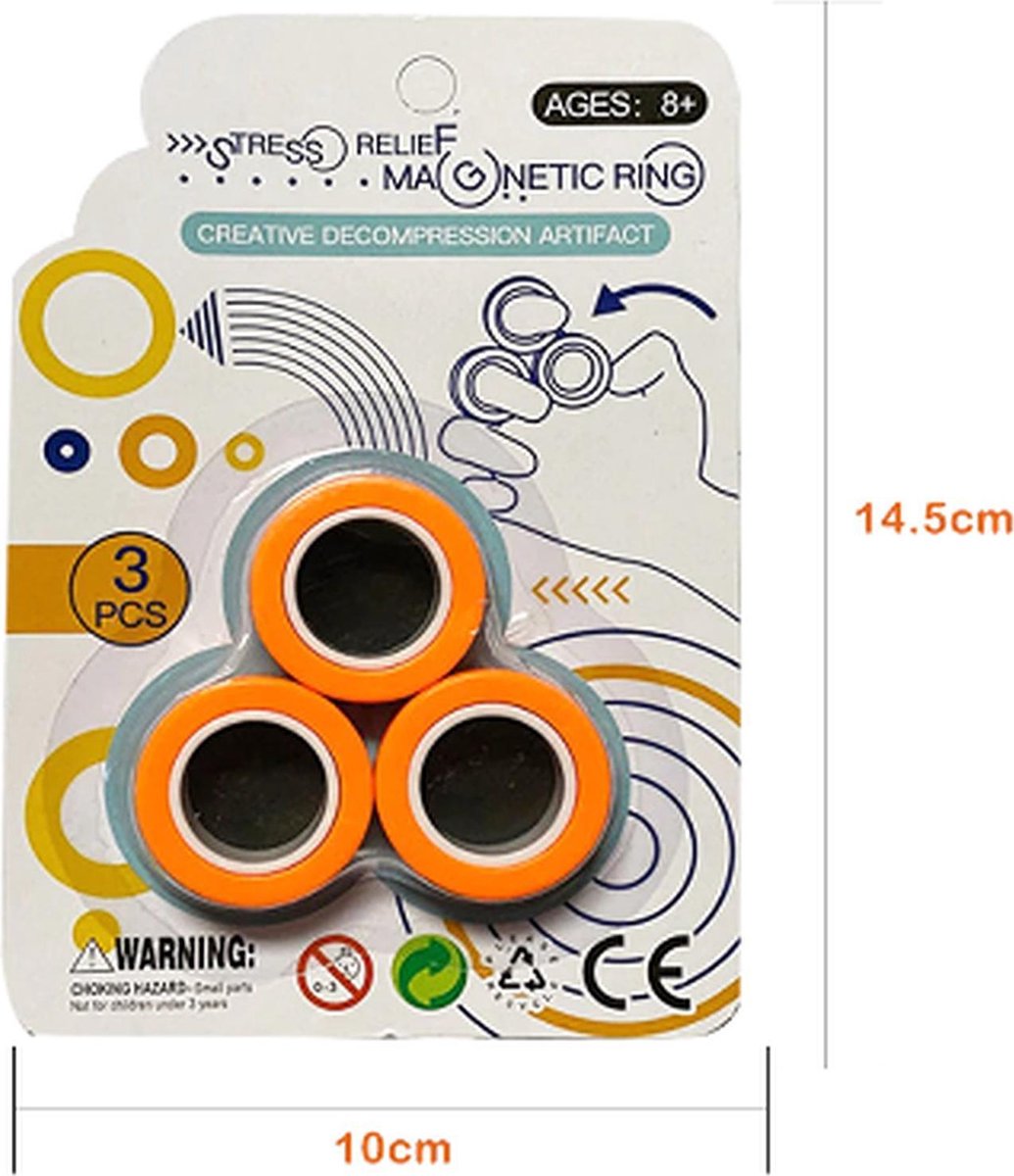 Magnetic Ring -Magnetische Ringen – Magnetische Armband Ring – Speelgoed –Anti-Stress - 3 stuks - Oranje