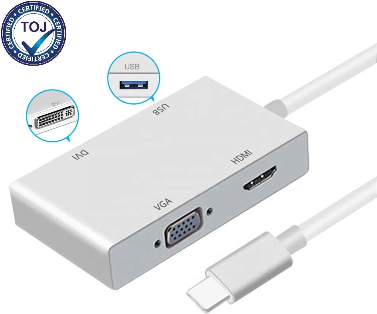 4 in 1 multifuctionele USB Type C Hub naar HDMI Adapter 4K + 1x USB 3.0 Poort + DVI + VGA – Macbook / Laptop / Surface / Smartphone – Thunderbolt USB Hub