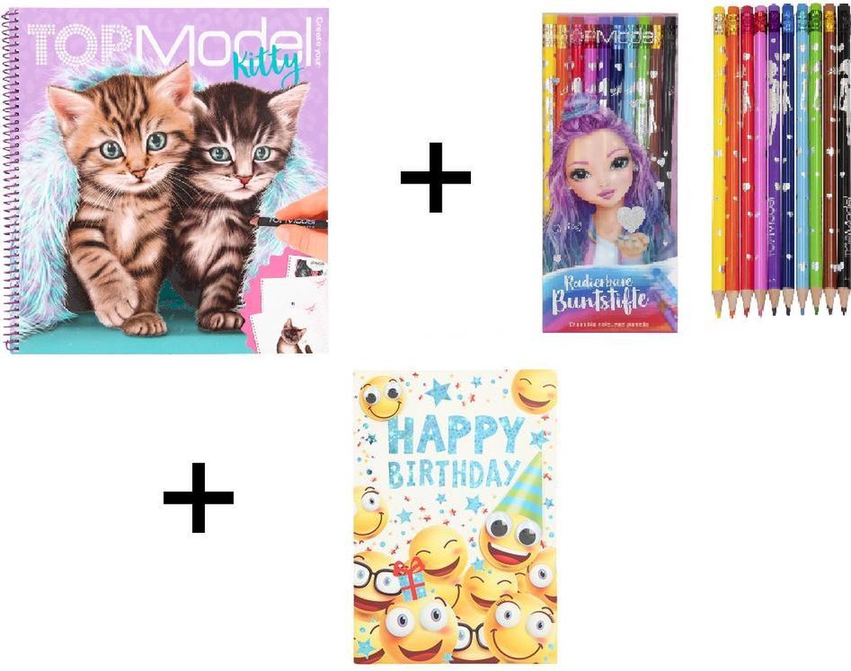 TOPModel Create your Kitty kleurboek Combi deal + Kinderwenskaart + Gratis inpakzakje + TOPModel uitgumbare kleurpotloden