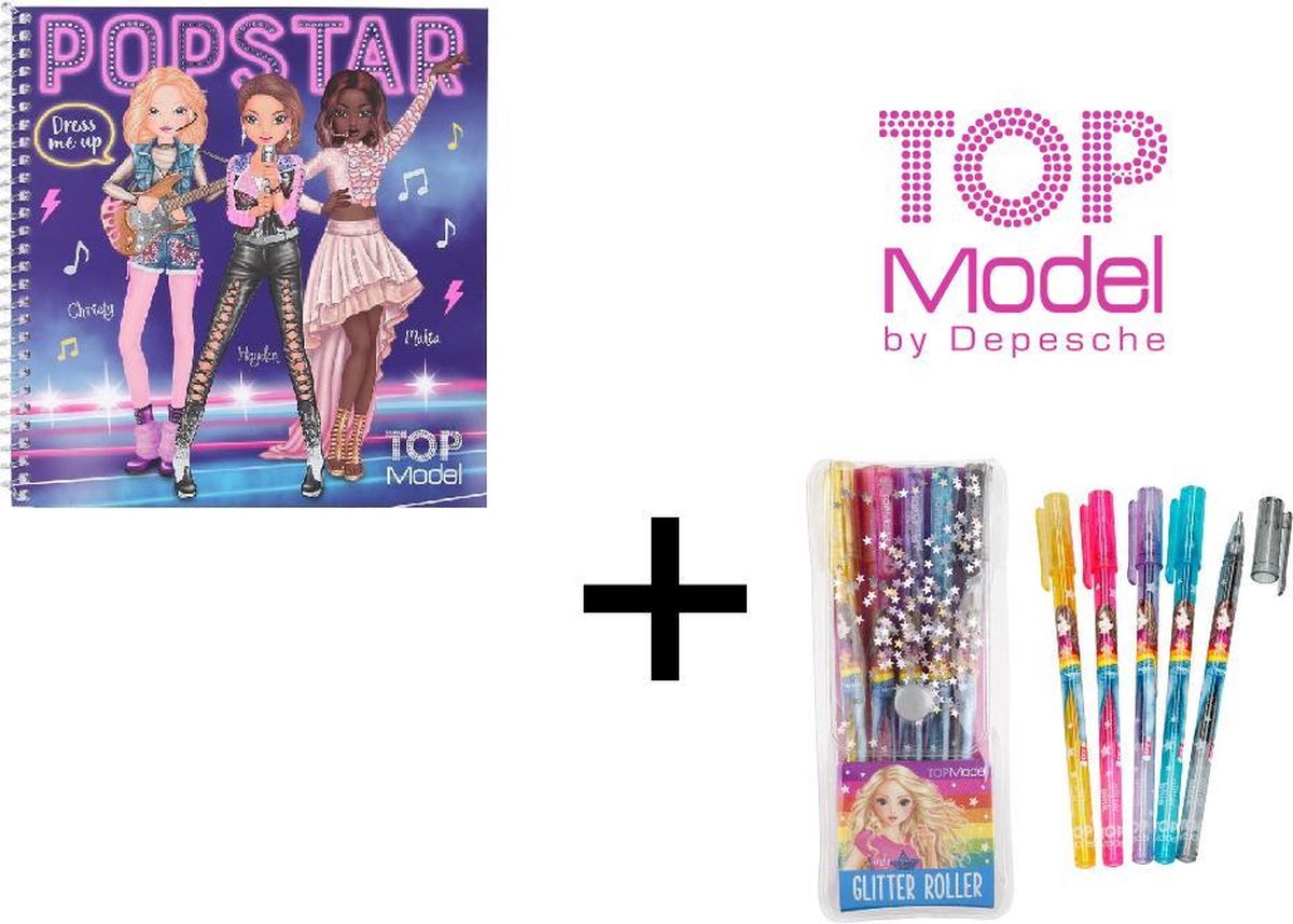 TOPModel Dress Me Up stickerboek POPSTAR Combi Deal + TOPModel glitter gelpennenset + GRATIS inpakzakje