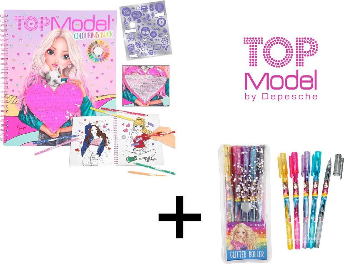 TOPModel kleurboek met pailletten combi deal + TOPModel glitter gelpennenset + GRATIS inpakzakje