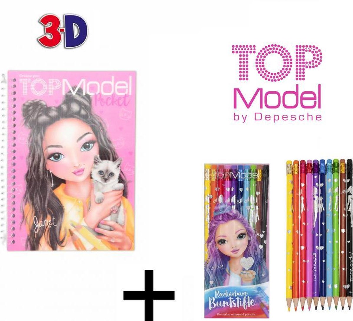 TOPModel pocket kleurboek 3D ROZE + Combi deal  TOPModel uitgumbare kleurpotloden