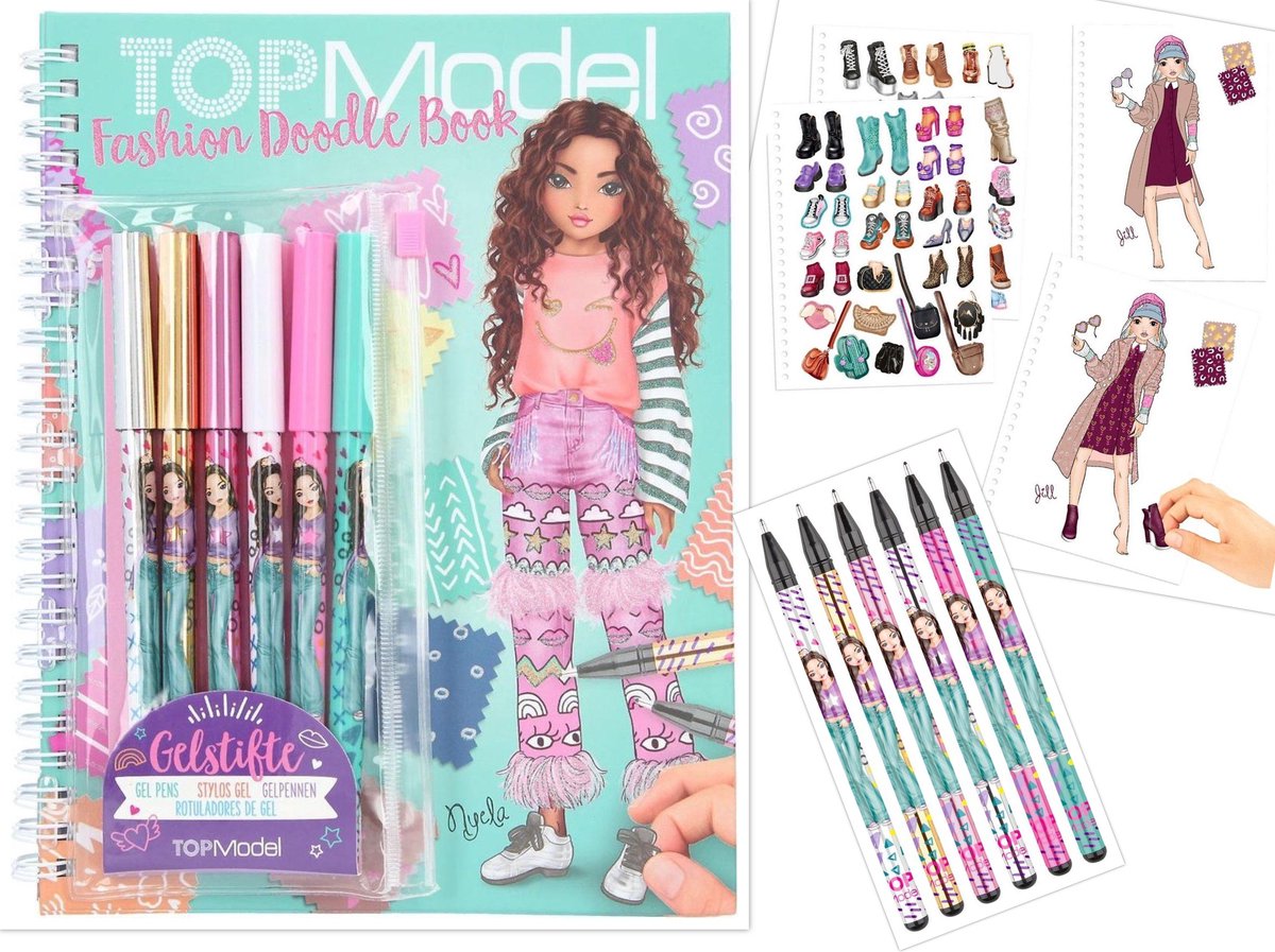 TOPmodel mode kleurboek + gelpennen - doodle kleuren fashion book met 6 gelstiften