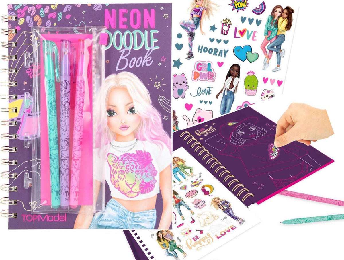 TOPmodel mode kleurboek + gelpennen - neon doodle kleuren fashion book met 3 gelstiften