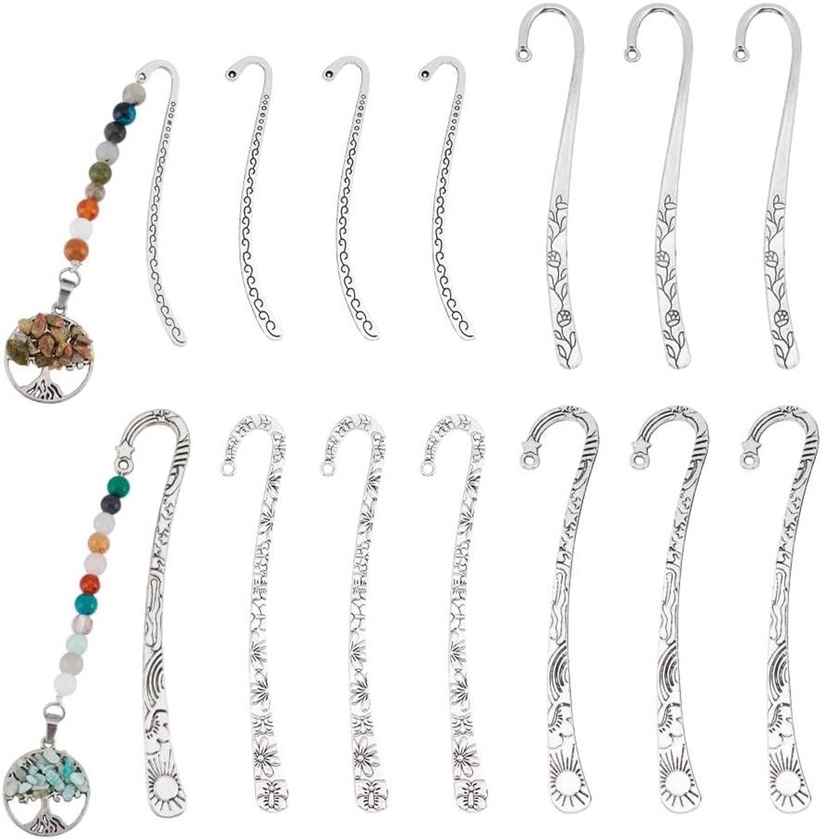   - Set van 12 Vintage Bladwijzers in Tibetaanse Stijl - DIY Haak Hangers - Antiek Zilver - Unieke Gesneden Charm Boek Markers met Loops - Voor Studenten, Leraren en Boekliefhebbers