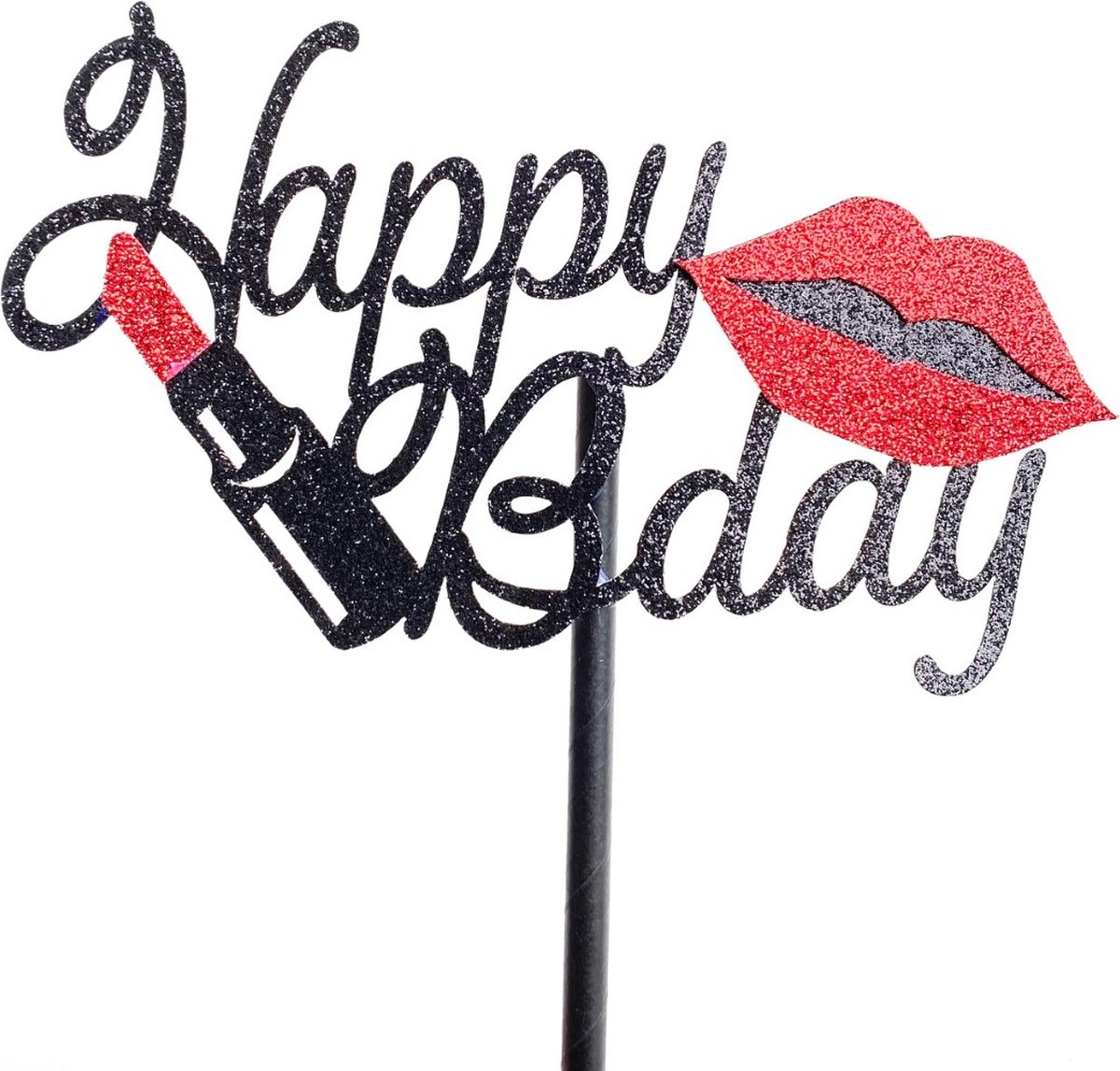 Taartdecoratie taarttopper Happy Birthday Make up kus zwart (papier)