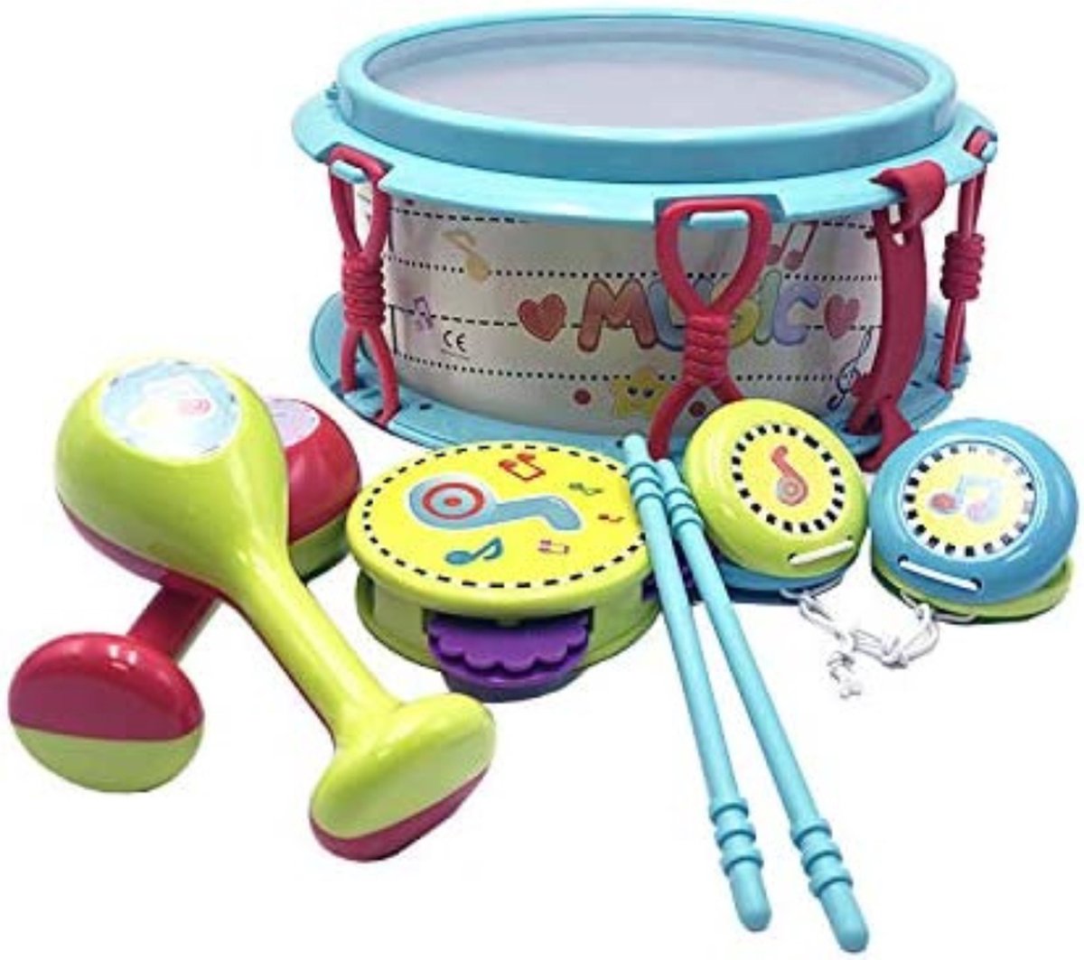 Muziekset voor Baby - 4 in 1 Muziekinstrumenten - Tachan - Trommel, Sambaballen, Castagnetten en Tamboerijn