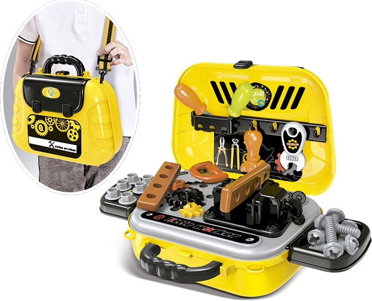 Speelgoed 2 in 1 Gereedschapskoffer en Werkbank -   - In Draagbare Koffer met Schouderband - Gereedschap voor Kinderen