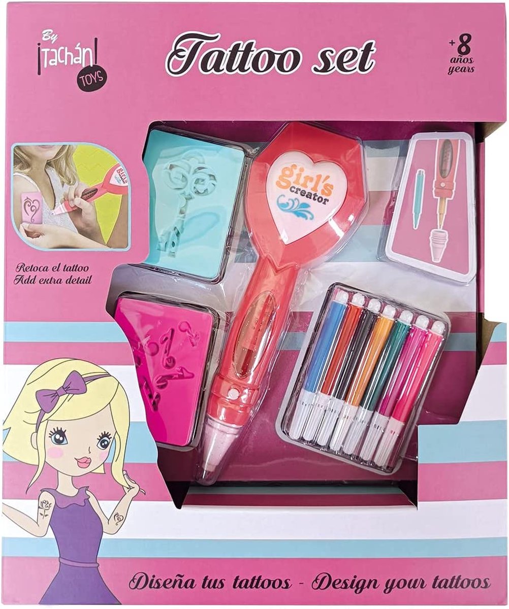 Tattoo Set voor Kinderen - Tachan - Tatoeage Machine met Sjablonen en 7 Kleuren - Design je Eigen Tattoos