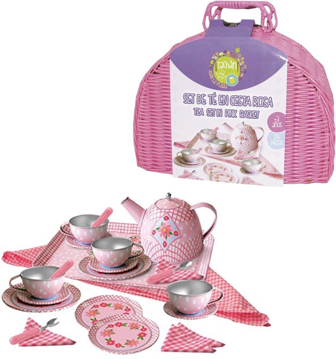 Theeservies voor Kinderen in Roze Pickinkmand - Tachan - 24-Delig - Compleet Speelgoedtheeservies