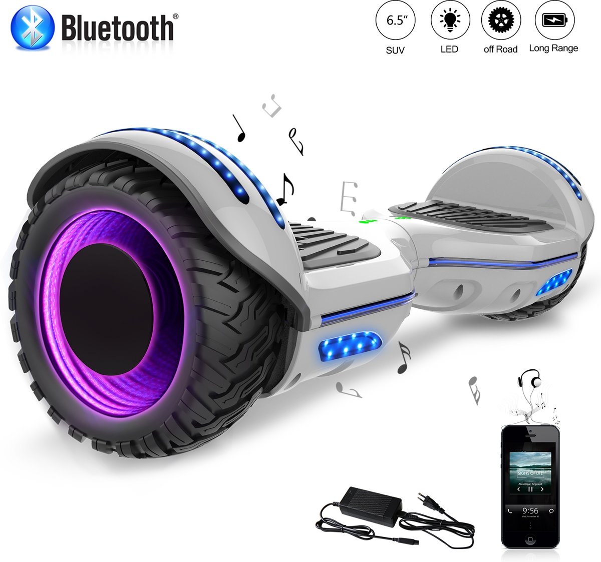 Evercross Hoverboard SUV 6.5 inch met Flits Wielen, Gyropode Off-Road met TAOTAO moederbord, Bluetooth Speaker, LED-lamp, CE gecertificeerd