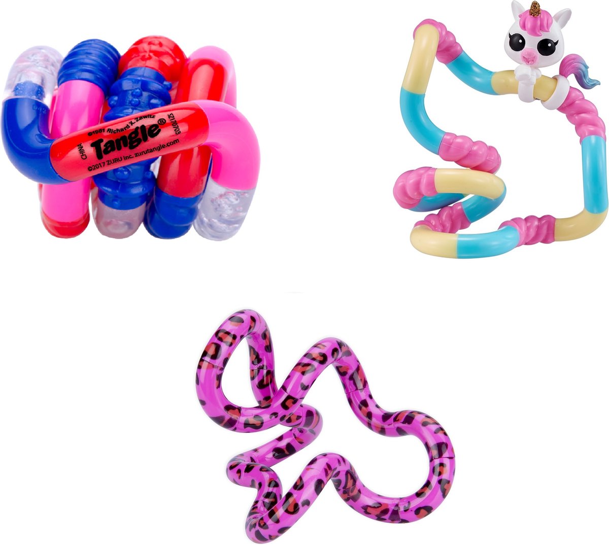 Tangle Junior - Textured Rood Blauw / Unicorn / Leopard - Combo 3-Pack - The Original Fidget