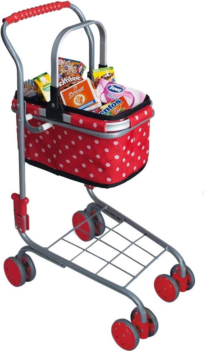Metalen winkelwagen met draagmandje + 40 miniaturen