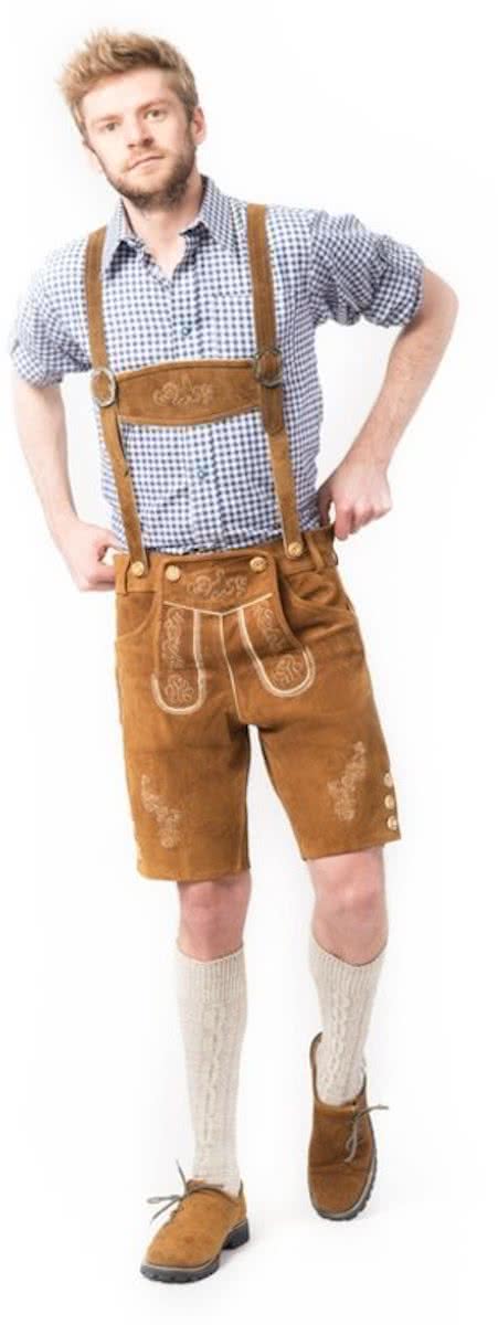 Oktoberfest korte bruine lederhose voor heren type: Anton, 100% leder mt 60