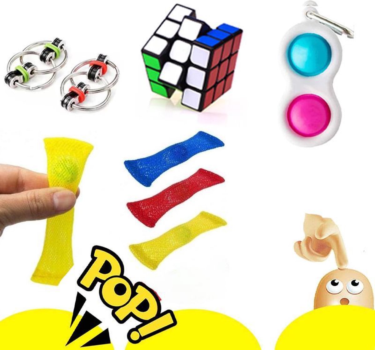 Fidget toy pakket onder de 20 euro - 7 delig - Simpel Dimpl - Marble and mash - Friemel ringen - Cube