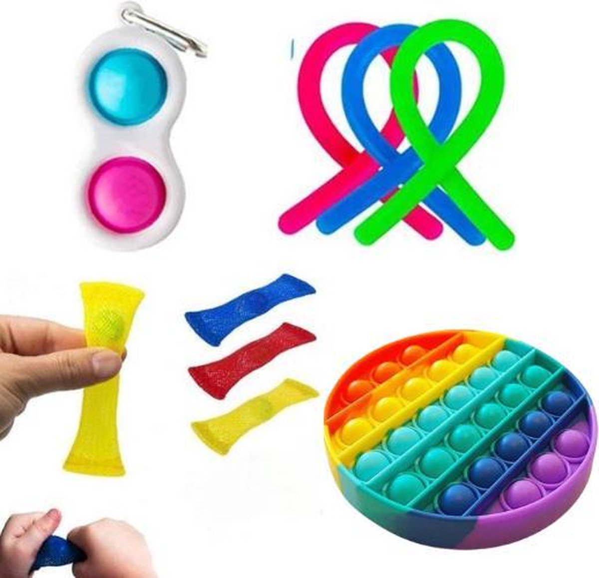 Fidget toys pakket onder de 15 euro - Fidget toy pakket onder de 10 euro - 8 delig - Fidget Toys - Pop IT rond - Simple Dimple - Marble and mash - Monkey noodles