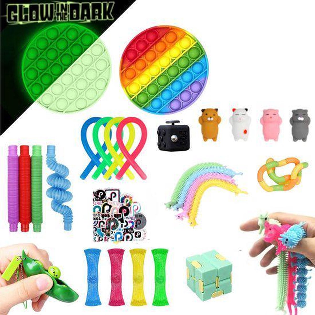 Tbrands®- Fidget toy pakket 26 - Pop it - Fidget toys - Tangle - Snapperz - Glow in the dark pop it - Cube -