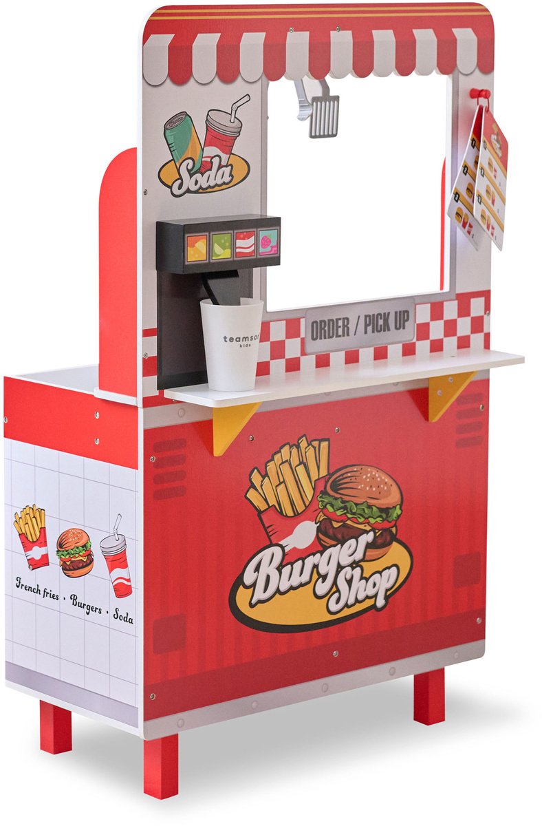   Flip & Fry Hamburgerzaak rood hout met grill, friteuse, drankstation en 29 accessoires, stimuleert creativiteit en sociale vaardigheden