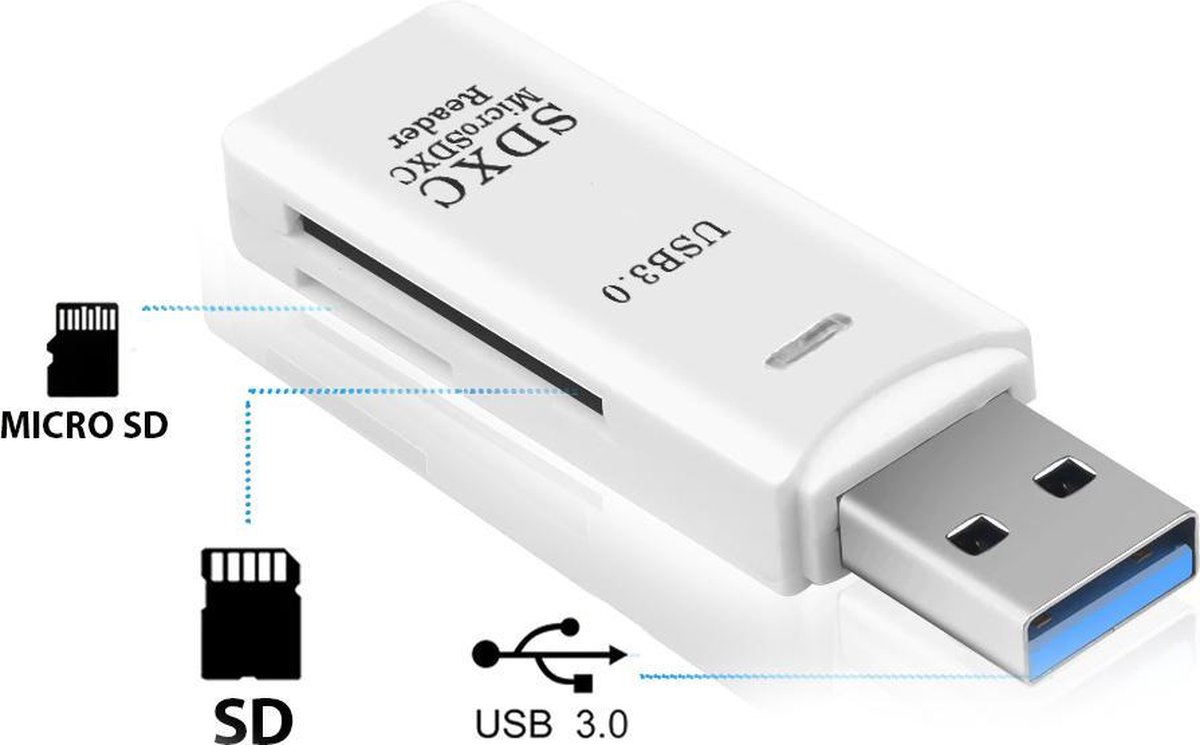 SD Kaart lezer & Micro-SD kaart lezer (2-in-1) - USB 3.0 - WIT - High speed - Micro SDHC - Voor Apple, Windows en TV - SD Reader - TF kaart - Techvoordeel®