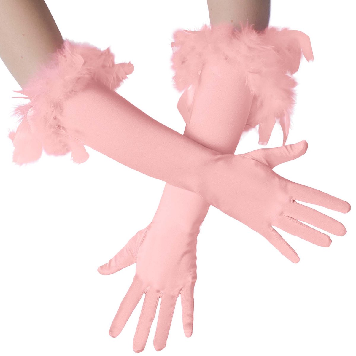 dressforfun - Lange satijnen handschoenen met veren roze  - verkleedkleding kostuum halloween verkleden feestkleding carnavalskleding carnaval feestkledij partykleding - 304594