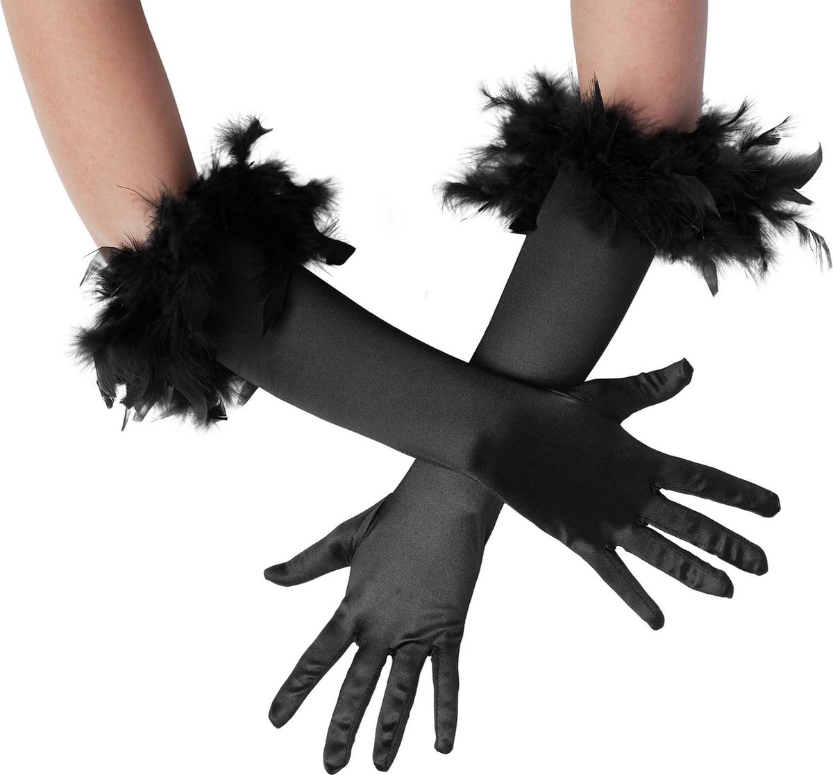 dressforfun - Lange satijnen handschoenen met veren zwart  - verkleedkleding kostuum halloween verkleden feestkleding carnavalskleding carnaval feestkledij partykleding - 304589