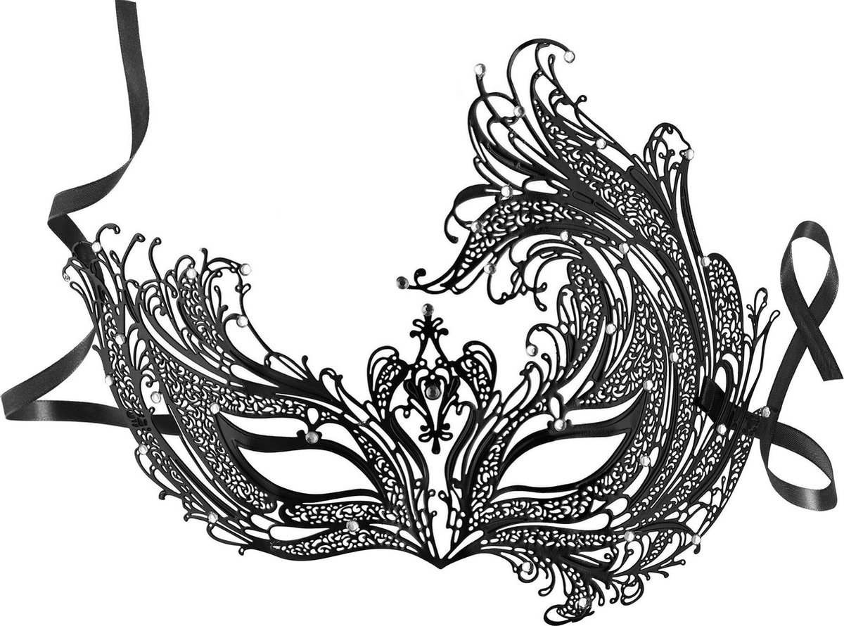 dressforfun - Metalen masker feniks zwart  -  verkleedkleding kostuum halloween verkleden feestkleding carnavalskleding carnaval feestkledij partykleding - 303526