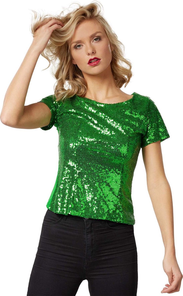 dressforfun - Paillette-shirt met korte mouwen groen S - verkleedkleding kostuum halloween verkleden feestkleding carnavalskleding carnaval feestkledij partykleding - 303721