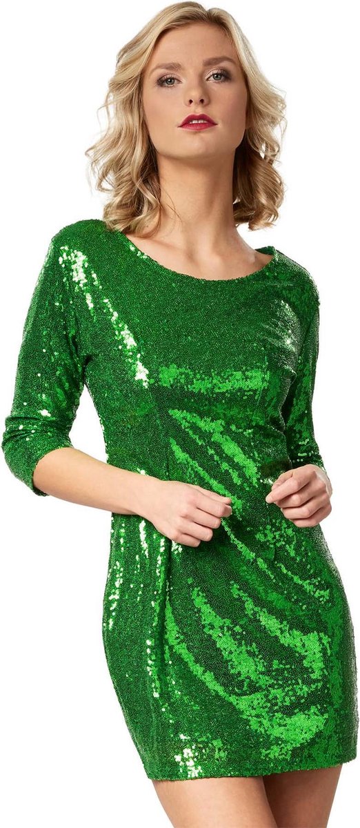 dressforfun - Paillettenjurk met lange mouwen groen M -  verkleedkleding kostuum halloween verkleden feestkleding carnavalskleding carnaval feestkledij partykleding - 303792