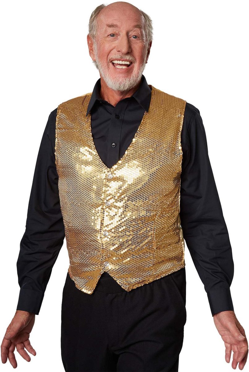 dressforfun - Paillettenvest heren goud XXL -  verkleedkleding kostuum halloween verkleden feestkleding carnavalskleding carnaval feestkledij partykleding - 303965