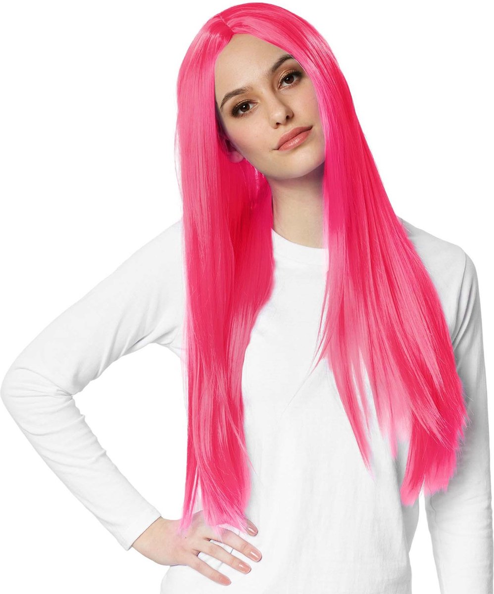 dressforfun - Pruik lang haar glad pink  - verkleedkleding kostuum halloween verkleden feestkleding carnavalskleding carnaval feestkledij partykleding - 303635