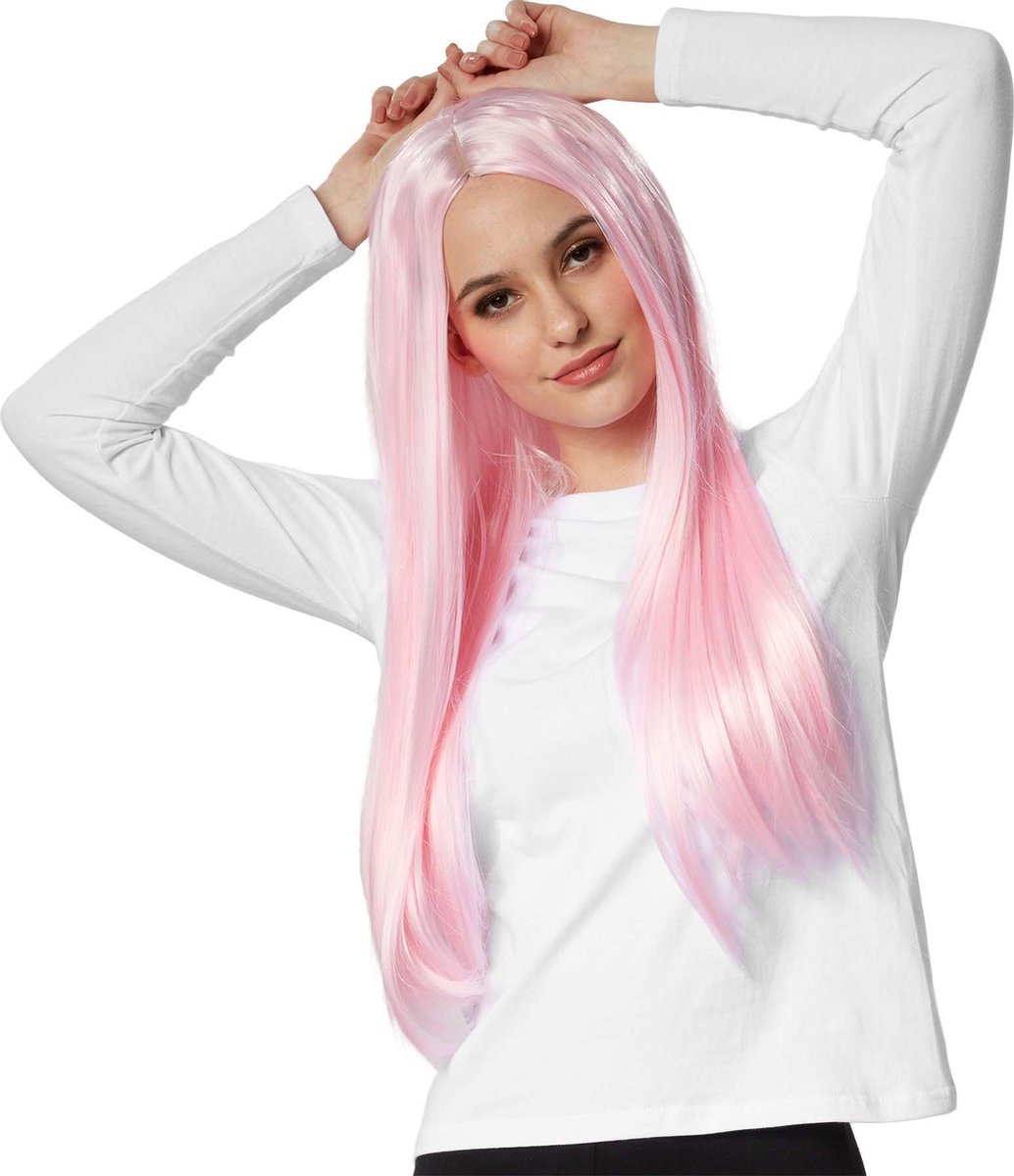 dressforfun - Pruik lang haar glad roze  - verkleedkleding kostuum halloween verkleden feestkleding carnavalskleding carnaval feestkledij partykleding - 303634